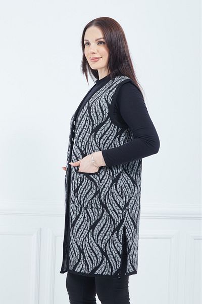 Stilmony Women's Gray Leaf Patterned Long Knitwear Vest with Three Buttons Pockets