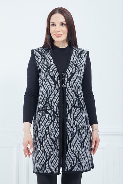 Stilmony Women's Gray Leaf Patterned Long Knitwear Vest with Three Buttons Pockets