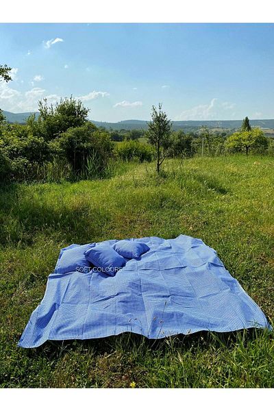 Soft Colours Retro Blue Authentic Picnic Cloth and 4 Cushion Set - Balcony Set