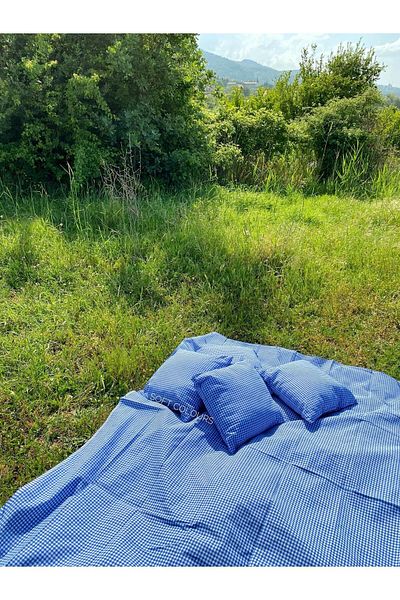 Soft Colours Retro Blue Authentic Picnic Cloth and 4 Cushion Set - Balcony Set