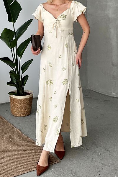VAGGON Oil Green Midi Linen Dress - Slit and Gippel Detailed Prm0898