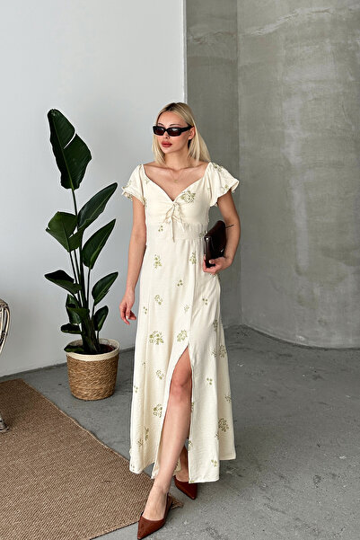 VAGGON Λάδι Πράσινο Μίντι Λινό Φόρεμα - Σκίσιμο και Gippel Λεπτομερές Prm0898