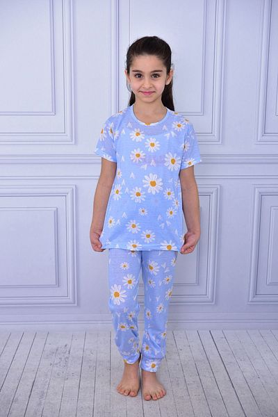 Burki Set de pijamale cu mâneci scurte pentru copii cu model margaretă albastră
