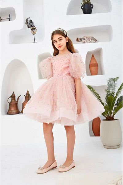 PİXİNADELUXE Pink Pearl Girl's Wedding Dress - Flight Flight