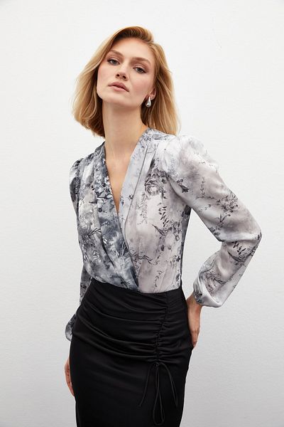 Sateen Gray Floral Patterned Bodysuit Blouse