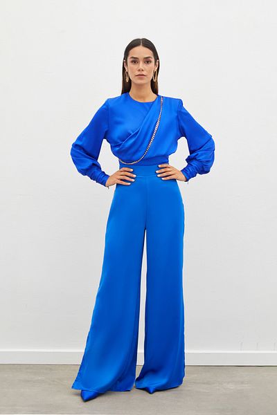 Sateen Front Chain Satin Blouse - Sax Blue