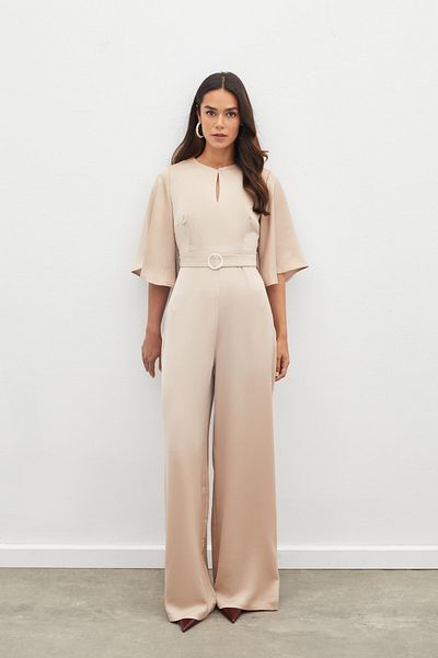 Sateen Belted Crepe Jumpsuit - Beige