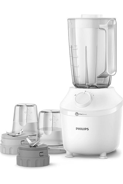 Philips خلاط برطمان بلاستيك - 450 وات، 1.9 لتر - 1 سرعة + نبض - يأتي مع مطحنة + مفرمة - أبيض - HR2041/30