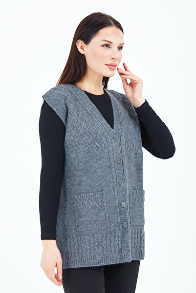 Stilmony Women's Gray Buttoned Wool Mother Vest with Pockets