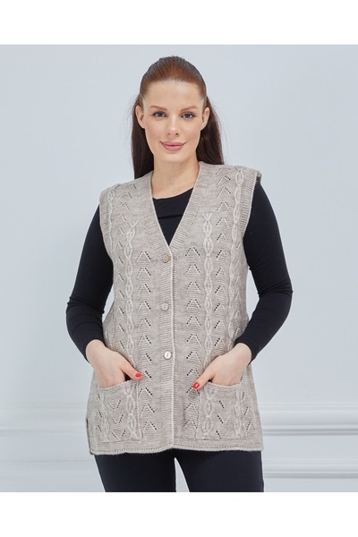 Stilmony Women's Stone Color Chain Knitted Pocket V-Neck Wool Mother Knitwear Vest