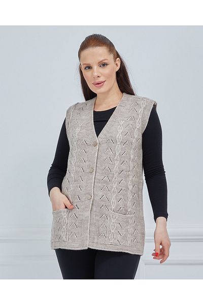 Stilmony Women's Stone Color Chain Knitted Pocket V-Neck Wool Mother Knitwear Vest