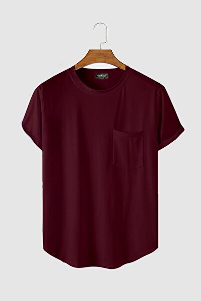 ADEGO Men's Burgundy Sleeves Layered Oval Cut Pocket Crew Neck T-Shirt