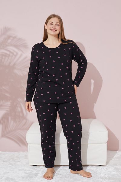 Siyah İnci Plus Size Lilac Heart Patterned Curve Cotton Pajamas Set