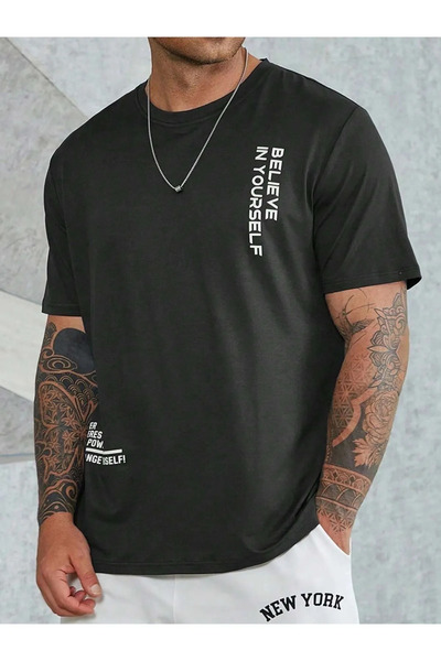 NO 601 Tricou negru oversize pentru bărbați, cu imprimeu Believe In Yourself