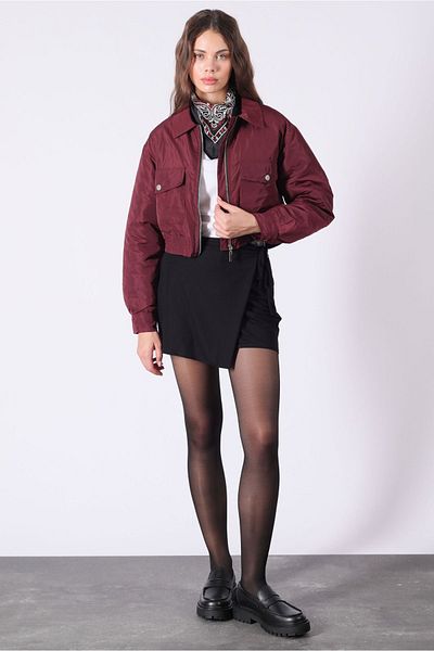 Yake Short Puffer Burgundy Bomber Jacket with Zippered Pockets