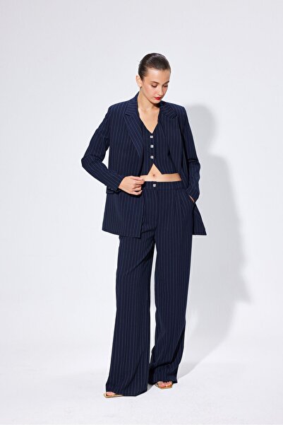 TUSSMADE سترة بليزر مخططة باللون الأزرق الداكن