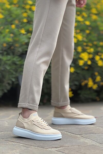 BOUIS Men's Cream Knitwear Lace-Up Orthopedic Style Shoes Daily Sports High Sole Stylish Comfortable Sneakers