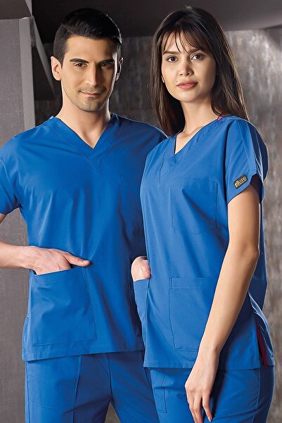 ÇİZGİ MEDİKAL Saks Mavi Doktor Hemşire Forması Scrubs Terikoton Takım (ince K...