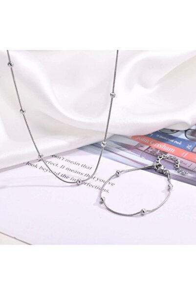 Takıkraliyeti 316 L Çelik topcuklu yılan zincir 45 cm uzatmalı kolye bileklik set