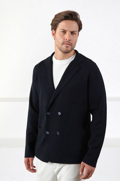 Ferraro Navy Blue Double Breasted Cotton Knitwear Jacket