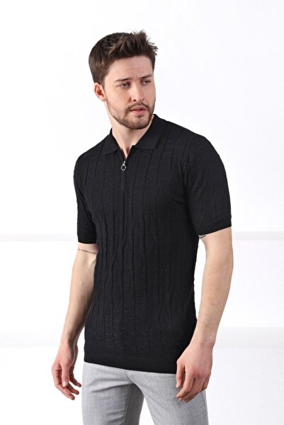 Ferraro Black Polo Collar Zippered 100% Cotton Men's Knitwear T-shirt