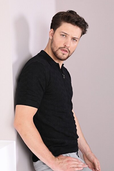 Ferraro Black Polo Collar Zippered 100% Cotton Men's Knitwear T-shirt