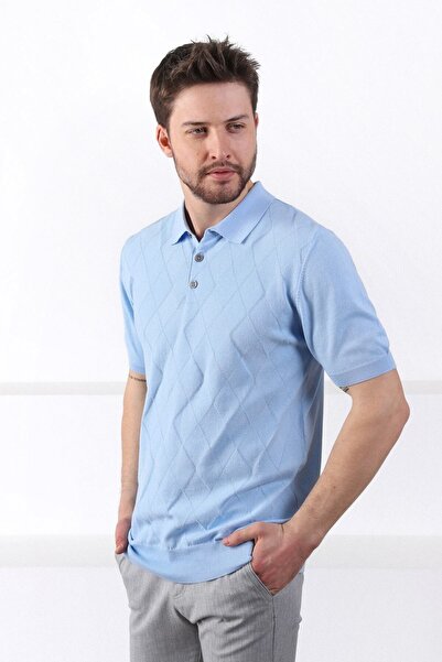 Ferraro Men's Knitwear T-Shirt - Ice Blue Polo Collar, Baklava Pattern, 100% Cotton