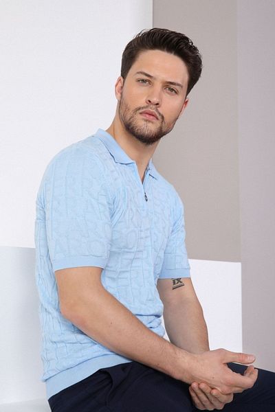 Ferraro Tricou pentru bărbați, 100% bumbac, cu fermoar, cu guler polo albastru