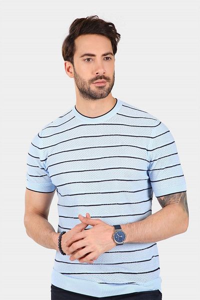 Ferraro Tricou pentru bărbați, cu dungi, cu gât perforat, 100% bumbac, tricotaj - albastru bleumarin