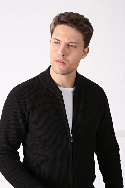 Ferraro Men's Black Zippered Cotton Knitwear Cardigan