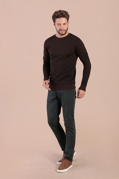Ferraro Ανδρικό πουλόβερ από μαλλί καφέ Crew Neck Superfine
