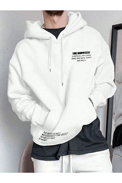 NoVibe Unisex "The Happiest" Printed Oversize Hooded Cotton Winter Sweatshirt Hoodie