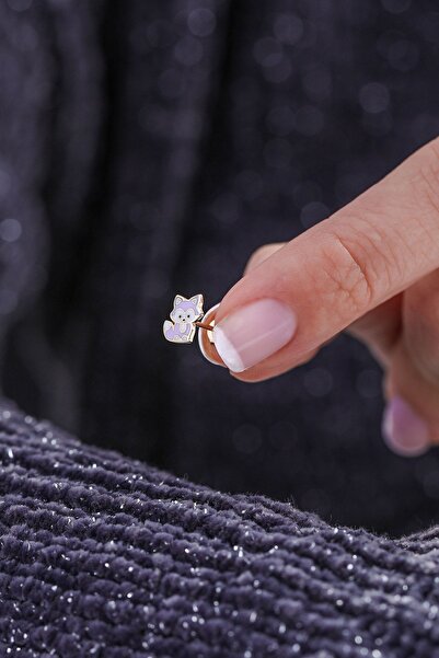 Online Takı Altın Mineli Mini Kedi Çocuk Küpesi