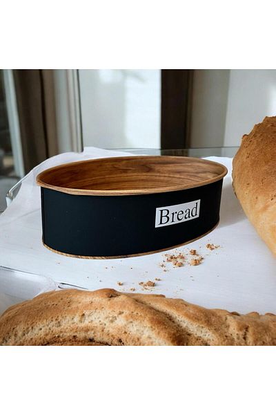 UCR HOME Round Black Metal Bread Bowl - Oval Wooden Look Bread Box
