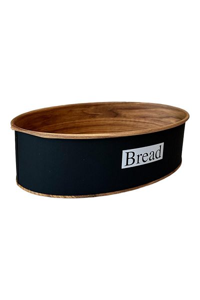 UCR HOME Round Black Metal Bread Bowl - Oval Wooden Look Bread Box