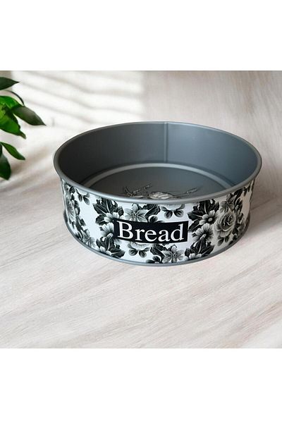 UCR HOME 20 cm Round Metal Bread Bowl and Round Bread Box - Black Flower Design