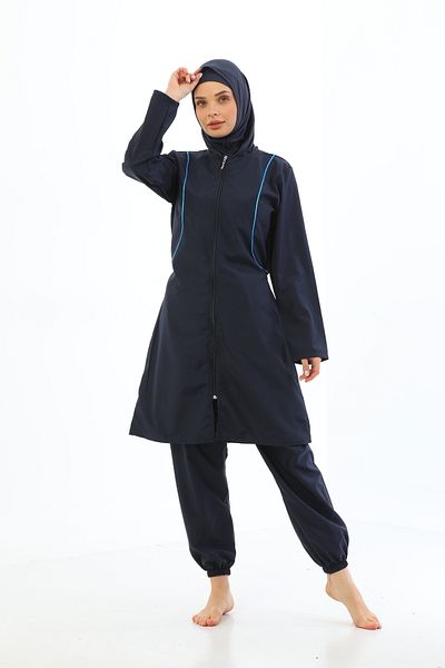 by İGP Navy Blue Hijab with Quick Dry Feature - Zippered Full Covered Women's Swimsuit