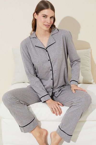Siyah İnci Cotton Gray and Black Buttoned Pajamas Set