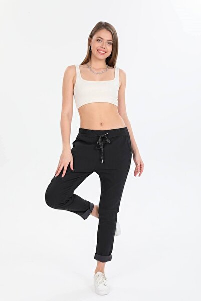 AYASOFYA OTANTIK Γυναικείο μαύρο ιταλικό παντελόνι με στενό πόδι με δεμένη μέση