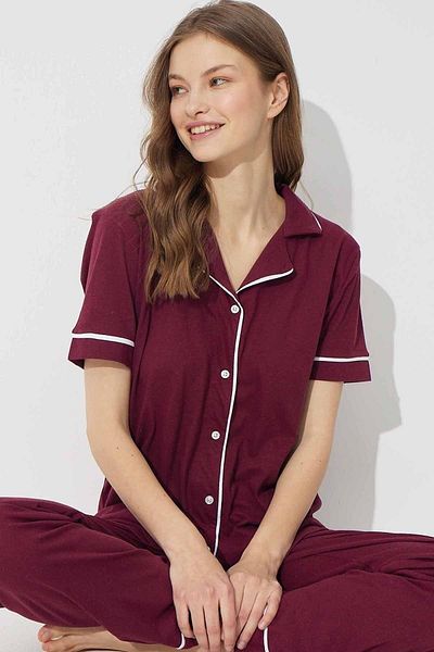 Siyah İnci Purple Short Sleeve Cotton Buttoned Pijama Set
