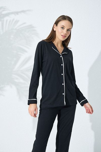 Siyah İnci Black-white Cotton Buttoned Pijama Set