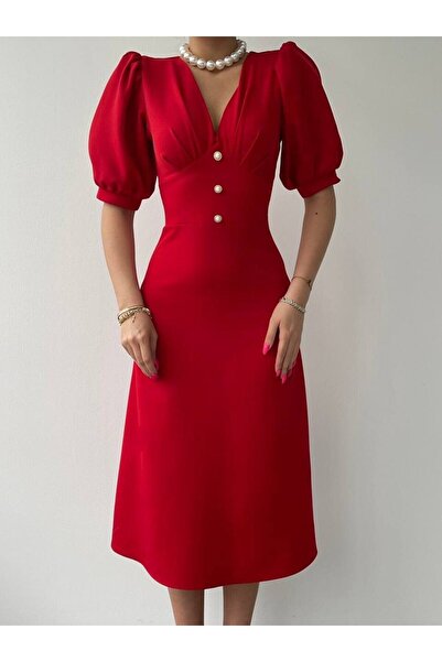 WOMAN VISION İnci Düğme Detay Kloş Kesim Balon Kol Tasarım Şık Kadın Elbise -...