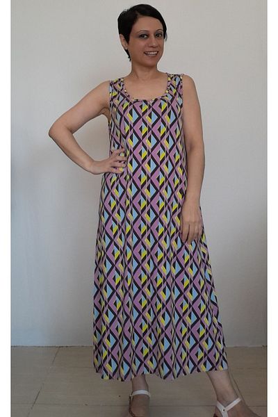 Mertcan Butik Φόρεμα από χτενισμένο βισκόζη με λουράκια λιλά κίτρινο σχέδιο