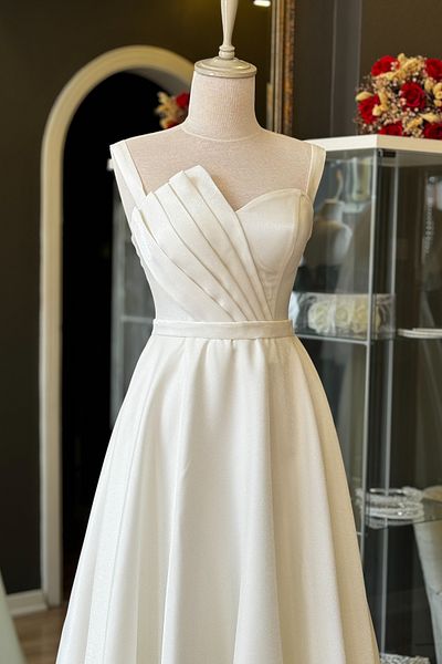 Lenta Moda Maxi Length Satin Evening Dress - White Evening Dress with Drape Detail