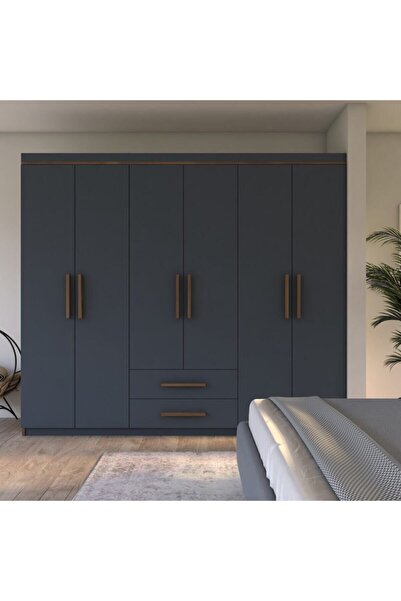 Metalia Gm823 Lavinya Lüx 6 Kapı 2 Çekmeceli Gardrop Ceviz-antrasit Gri