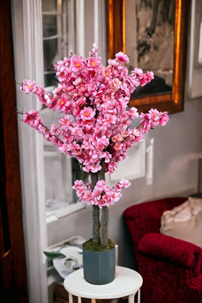 YAPAY ÇİÇEKÇİNİZ GRİ SAKSIDA PEMBE RENKLİ 100 CM YAPAY JAPON BAHARDALI AĞACI