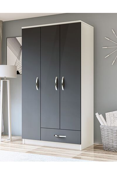 Metalia Gm 002 Life 3 Kapılı Tek Çekmeceli Beyaz Antrasit Gri Gardrop