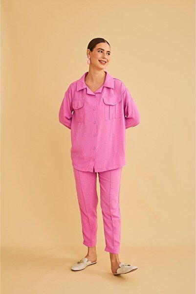 Basicpark Raxy Pocketed and Ribbed Linen Pink Shirt and Trousers Set