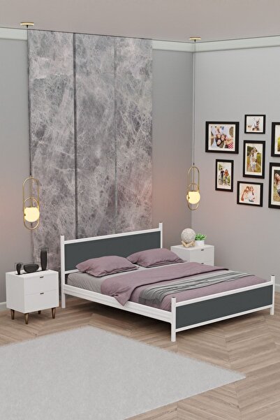 Metalia GM 305 MODERN ÇİFT KİŞİLİK AHŞAP METAL BEYAZ ANTRASİT GRİ KARYOLA 140...