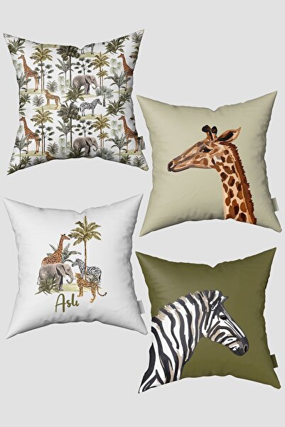 Bebemotto Tropik Orman Hayvanları, 4'lü Set, Çocuk Bebek Odası Kırlent Kılıf